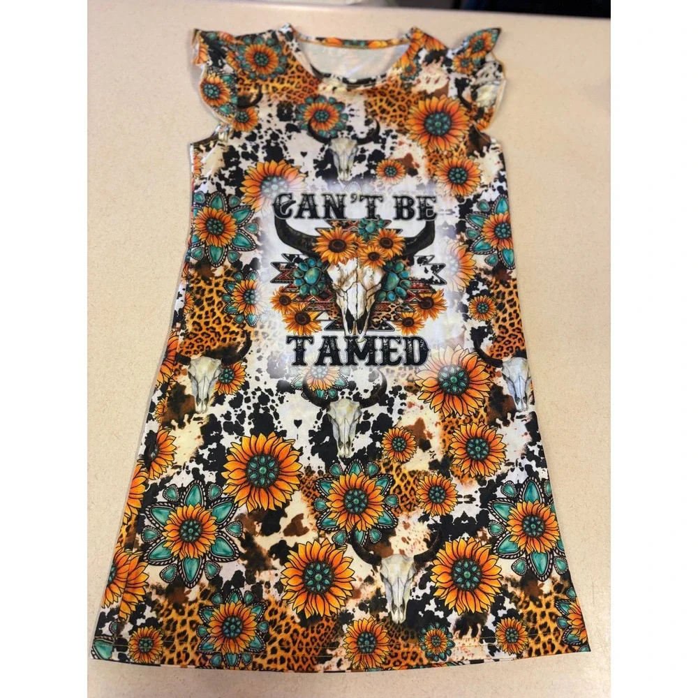 Western Can't Be Tamed Sunflower Cow Leopard Print‎ Ruffle Cap Sleeve Dress Kids